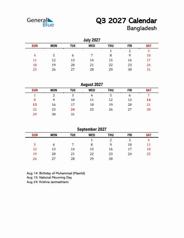 2027 Q3 Calendar with Holidays List for Bangladesh