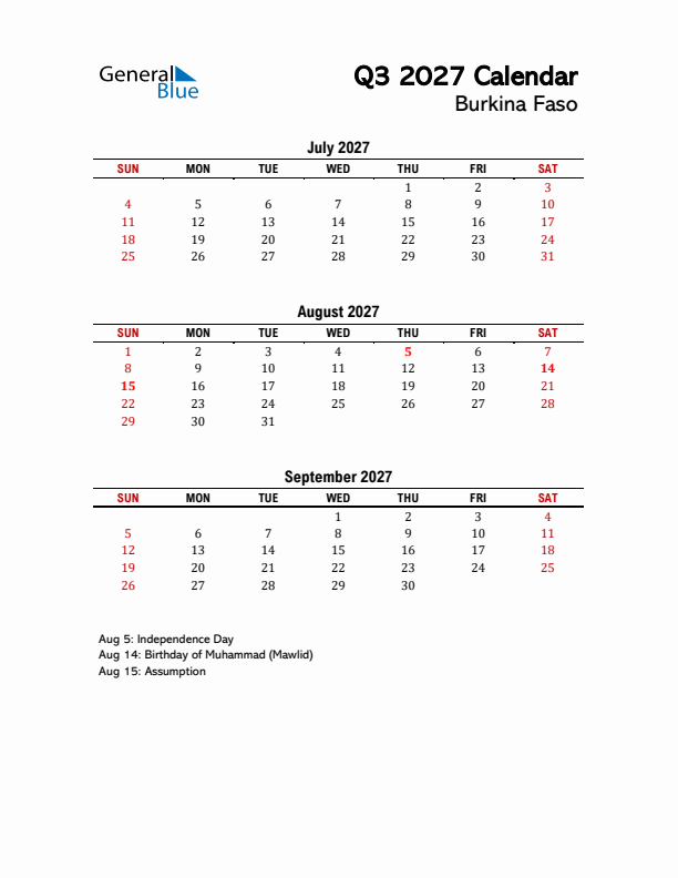 2027 Q3 Calendar with Holidays List for Burkina Faso