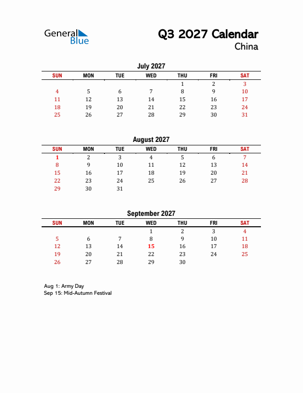 2027 Q3 Calendar with Holidays List for China