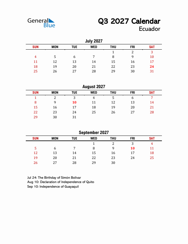 2027 Q3 Calendar with Holidays List for Ecuador