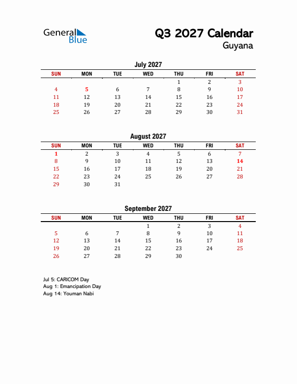 2027 Q3 Calendar with Holidays List for Guyana