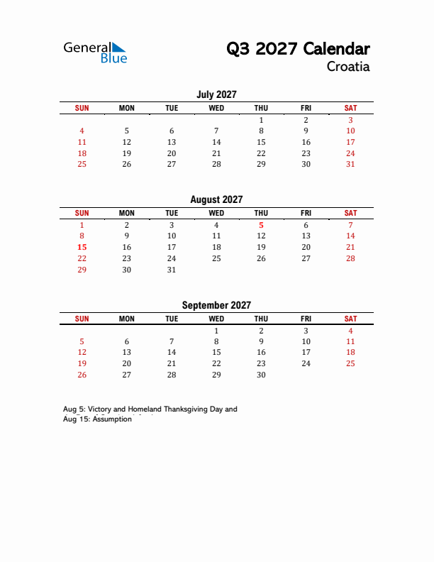 2027 Q3 Calendar with Holidays List for Croatia