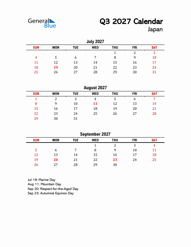 2027 Q3 Calendar with Holidays List for Japan