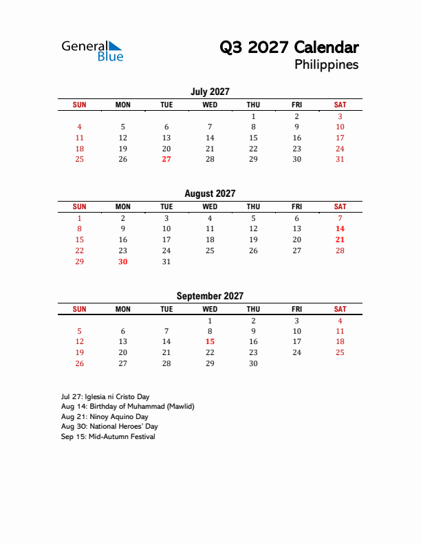 2027 Q3 Calendar with Holidays List for Philippines