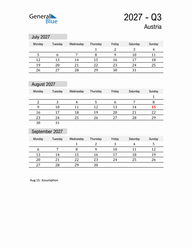 Austria Quarter 3 2027 Calendar with Holidays