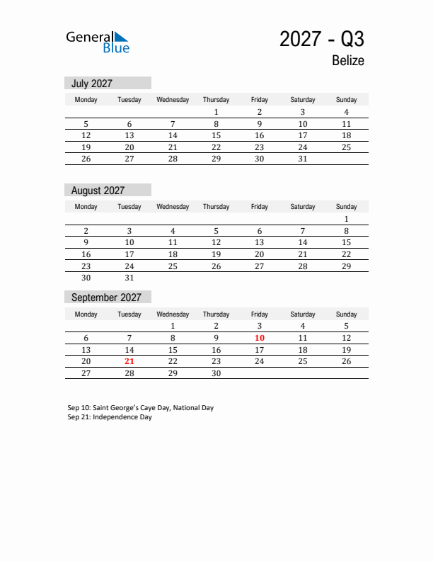 Belize Quarter 3 2027 Calendar with Holidays