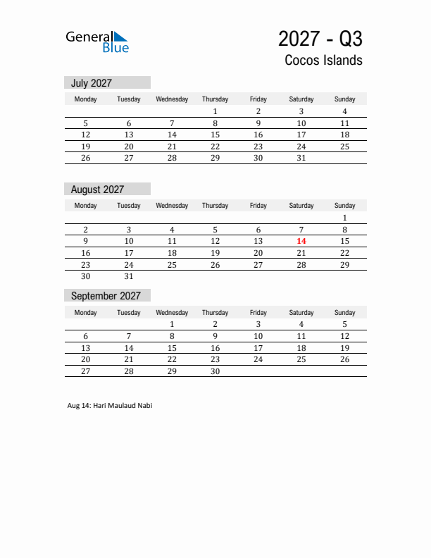 Cocos Islands Quarter 3 2027 Calendar with Holidays