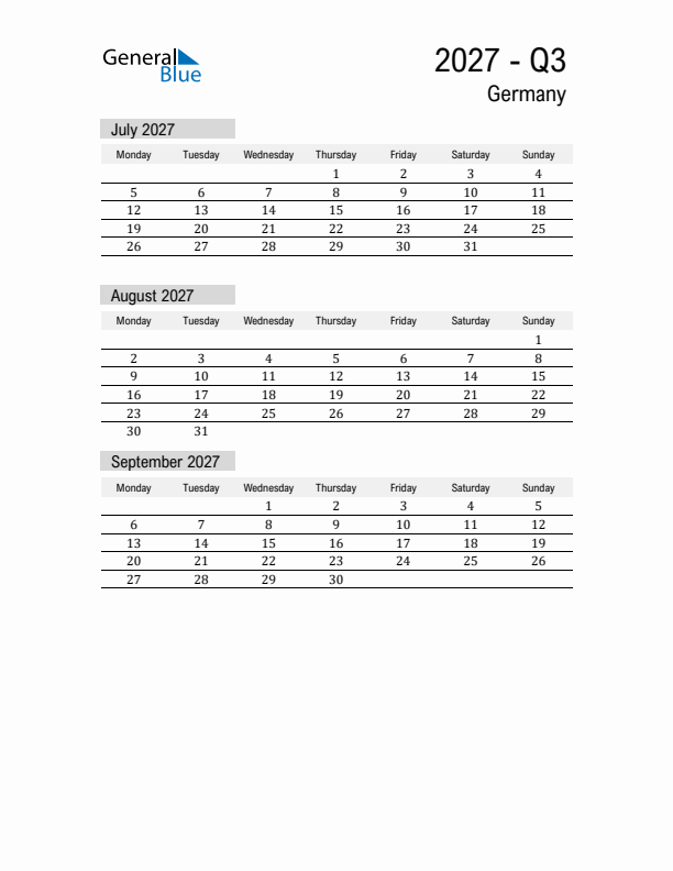 Germany Quarter 3 2027 Calendar with Holidays