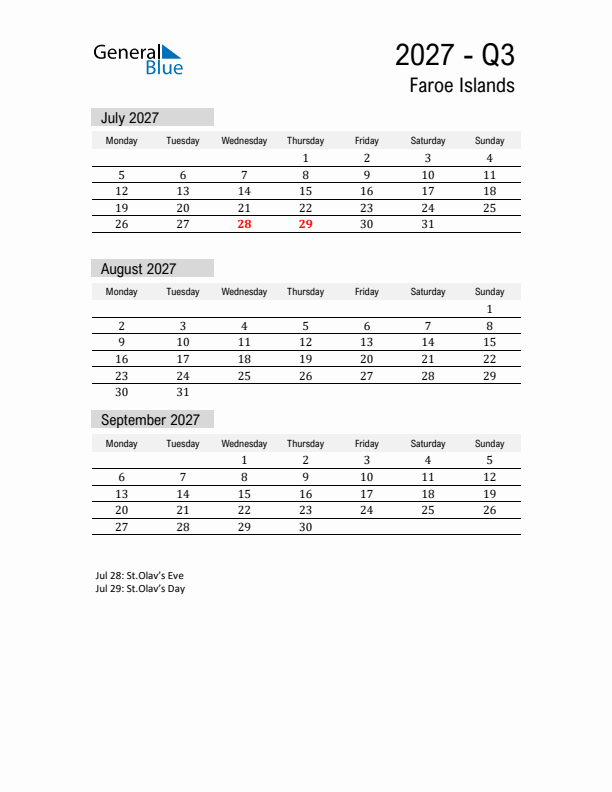 Faroe Islands Quarter 3 2027 Calendar with Holidays