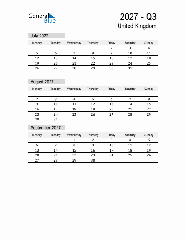 United Kingdom Quarter 3 2027 Calendar with Holidays