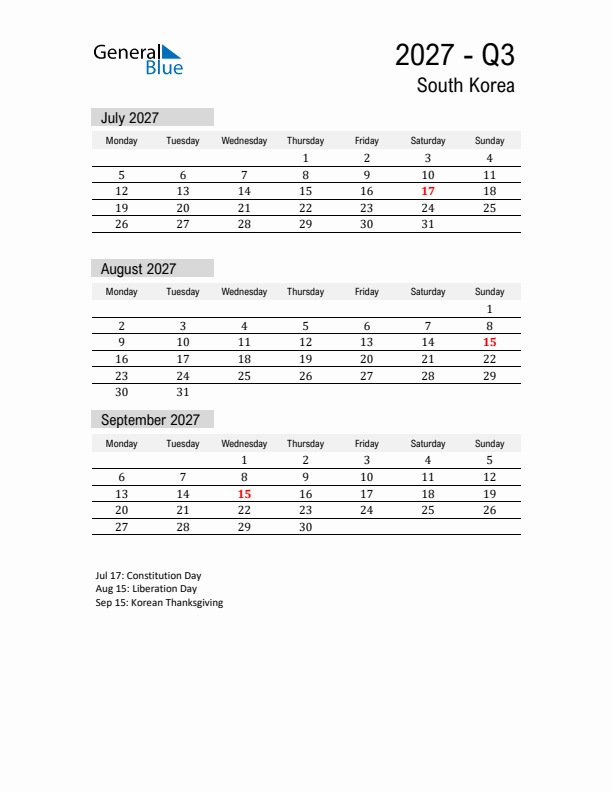 South Korea Quarter 3 2027 Calendar with Holidays