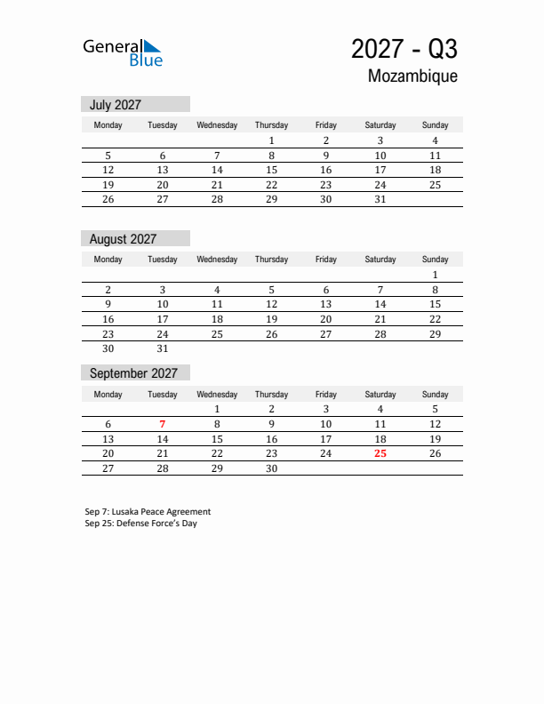 Mozambique Quarter 3 2027 Calendar with Holidays