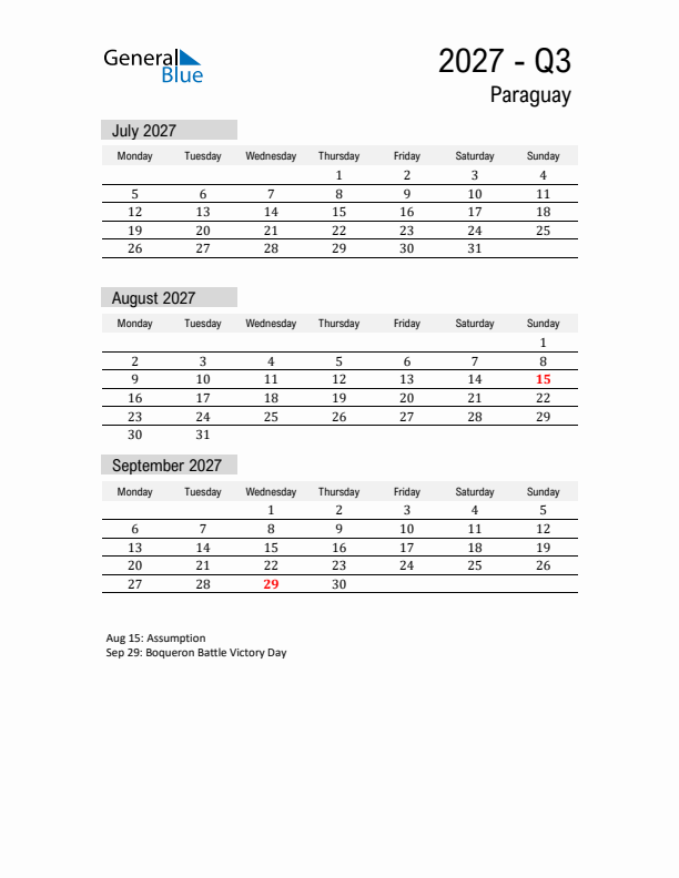 Paraguay Quarter 3 2027 Calendar with Holidays