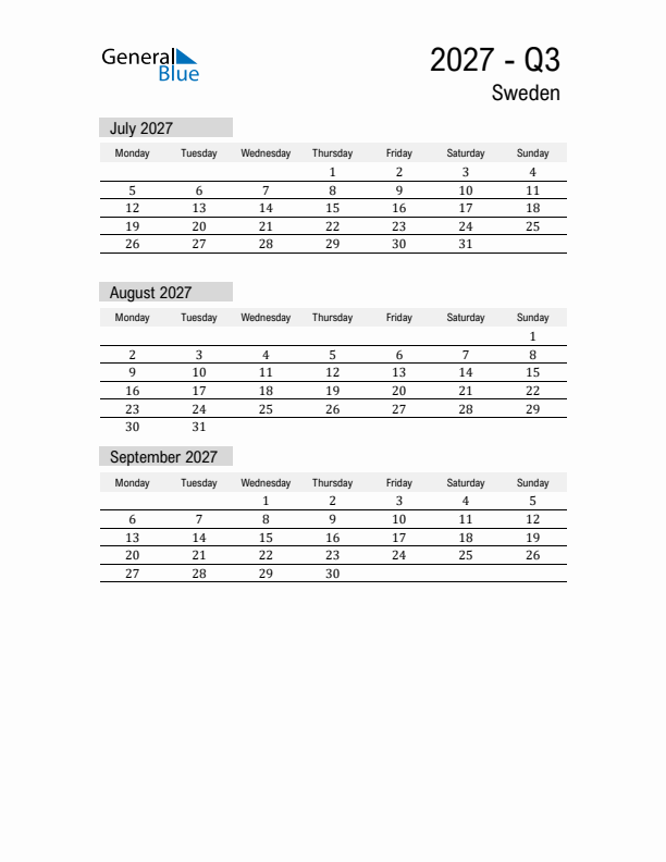 Sweden Quarter 3 2027 Calendar with Holidays