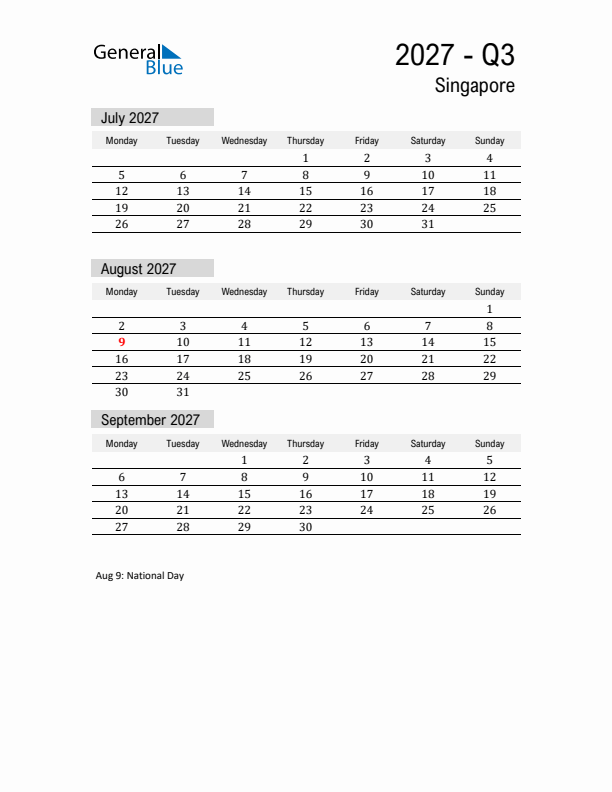 Singapore Quarter 3 2027 Calendar with Holidays