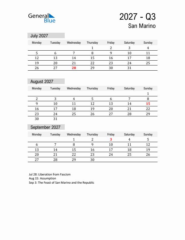 San Marino Quarter 3 2027 Calendar with Holidays