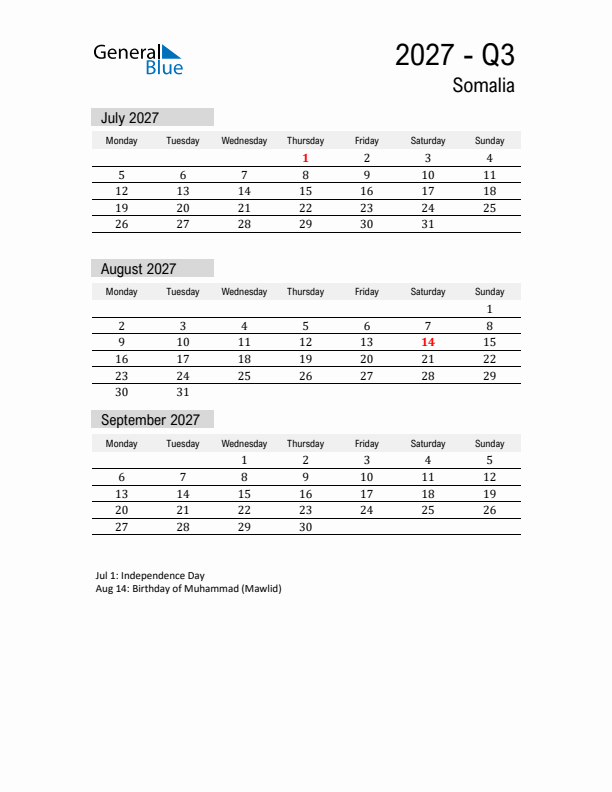 Somalia Quarter 3 2027 Calendar with Holidays