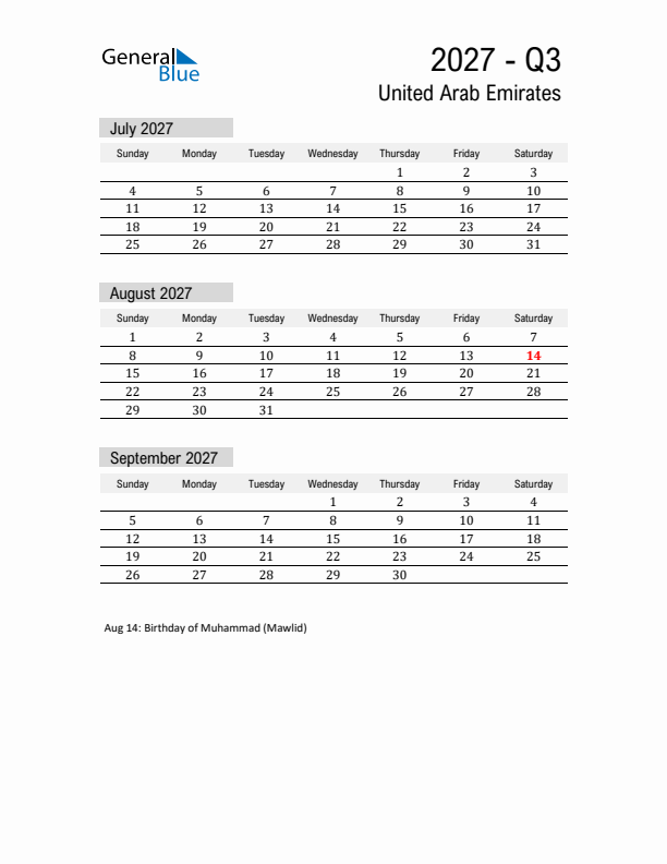 United Arab Emirates Quarter 3 2027 Calendar with Holidays