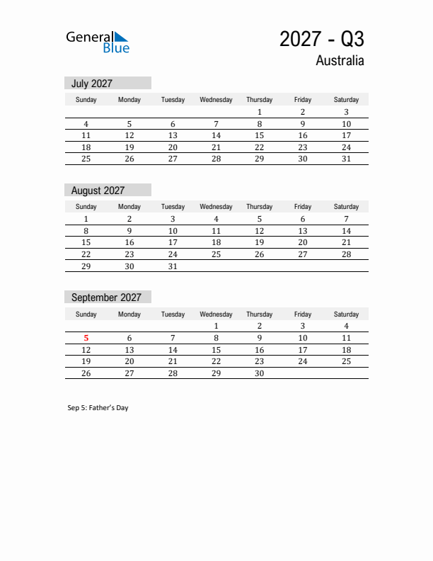 Australia Quarter 3 2027 Calendar with Holidays