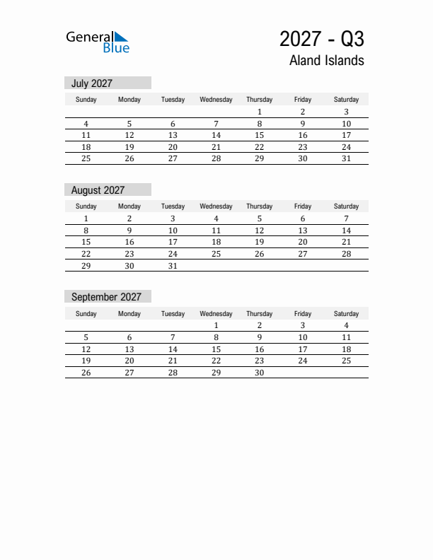 Aland Islands Quarter 3 2027 Calendar with Holidays