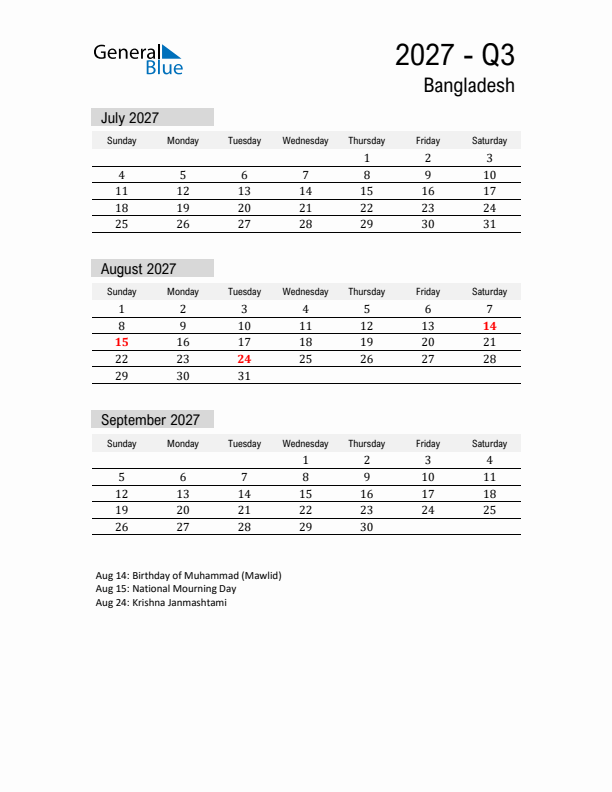 Bangladesh Quarter 3 2027 Calendar with Holidays