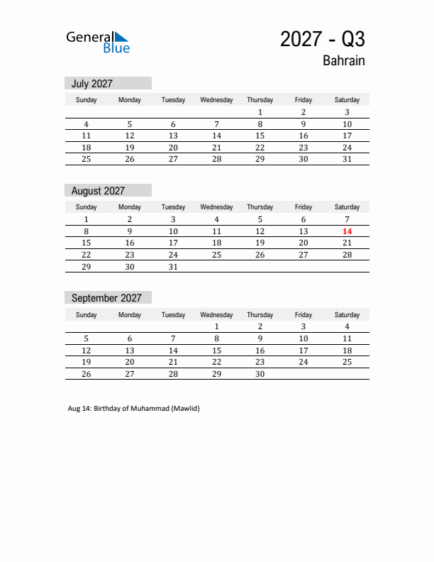 Bahrain Quarter 3 2027 Calendar with Holidays