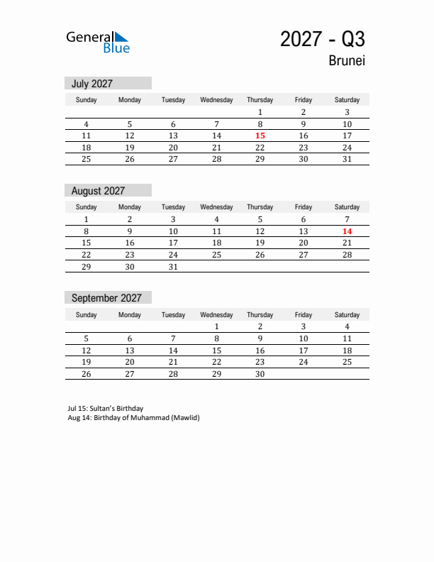 Brunei Quarter 3 2027 Calendar with Holidays