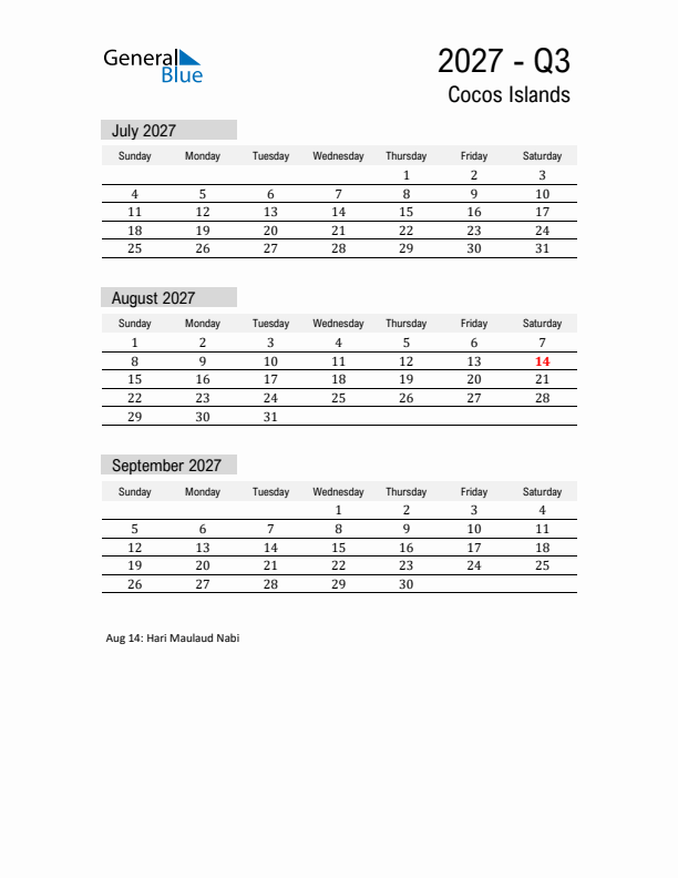 Cocos Islands Quarter 3 2027 Calendar with Holidays