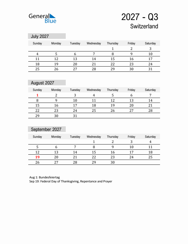 Switzerland Quarter 3 2027 Calendar with Holidays