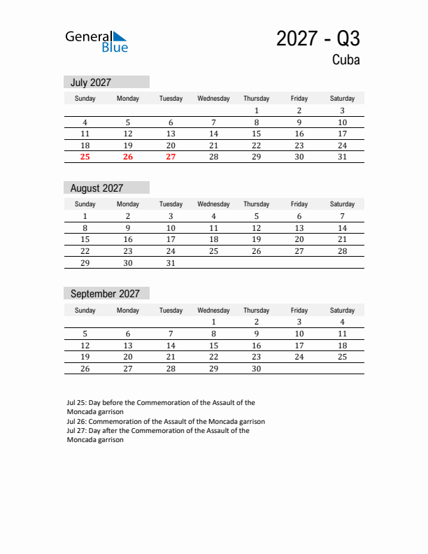 Cuba Quarter 3 2027 Calendar with Holidays