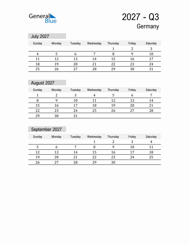 Germany Quarter 3 2027 Calendar with Holidays