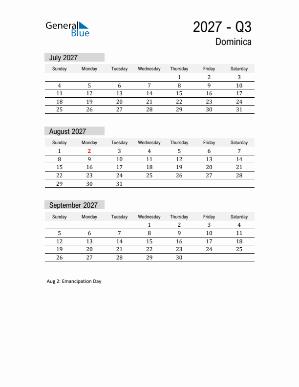 Dominica Quarter 3 2027 Calendar with Holidays