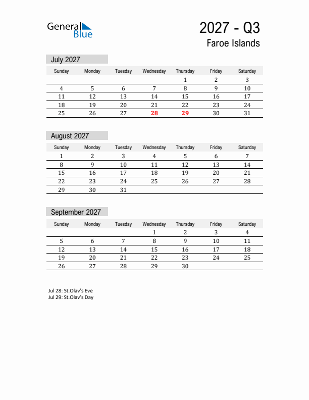 Faroe Islands Quarter 3 2027 Calendar with Holidays