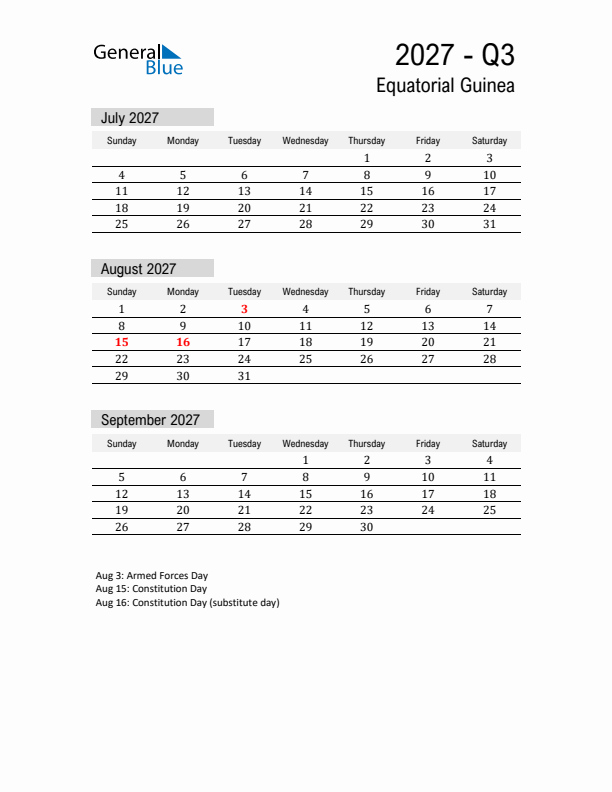 Equatorial Guinea Quarter 3 2027 Calendar with Holidays