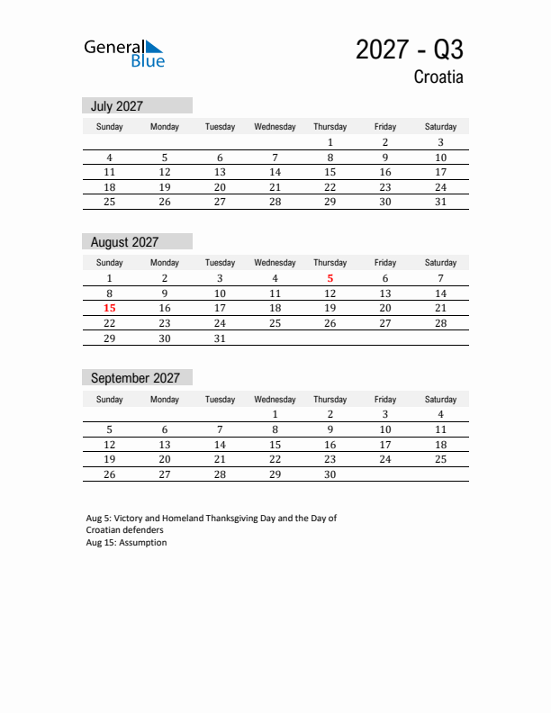 Croatia Quarter 3 2027 Calendar with Holidays