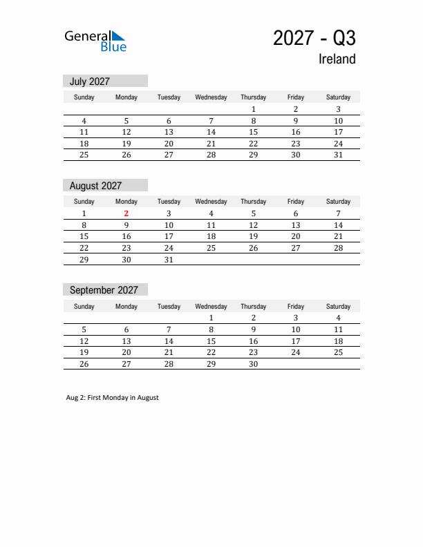 Ireland Quarter 3 2027 Calendar with Holidays