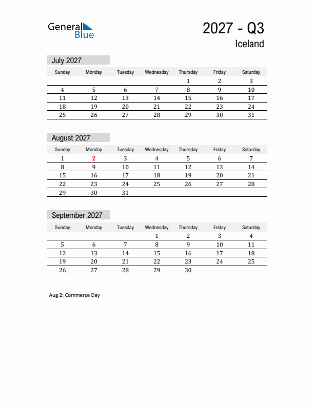 Iceland Quarter 3 2027 Calendar with Holidays