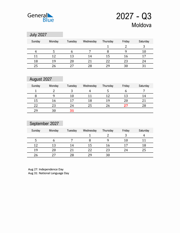 Moldova Quarter 3 2027 Calendar with Holidays