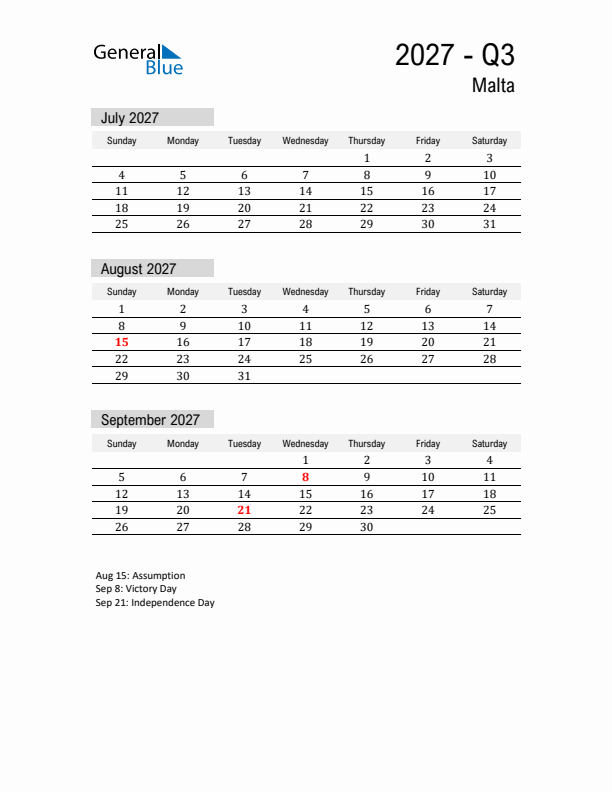 Malta Quarter 3 2027 Calendar with Holidays