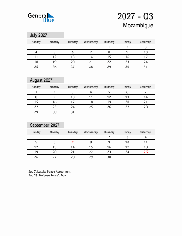 Mozambique Quarter 3 2027 Calendar with Holidays