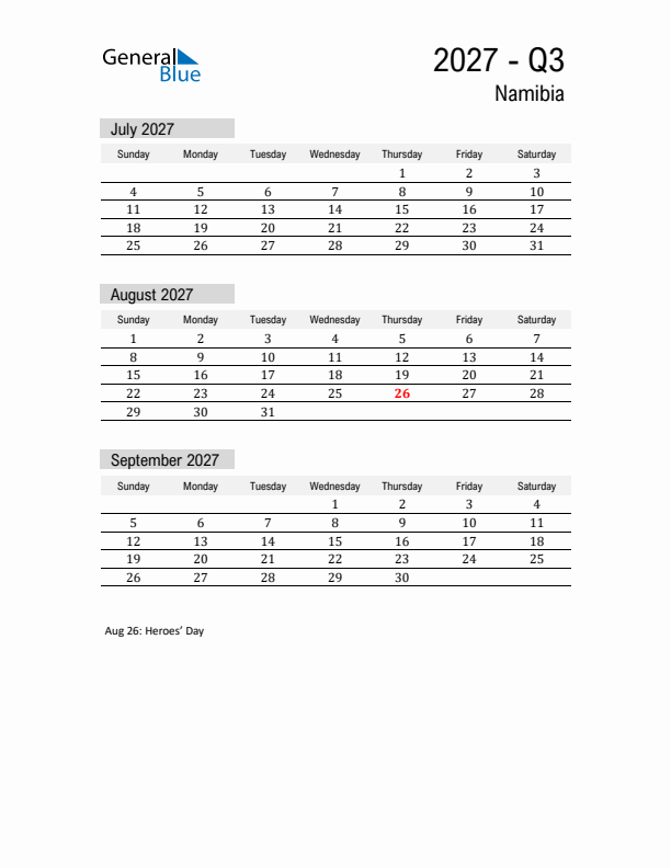 Namibia Quarter 3 2027 Calendar with Holidays