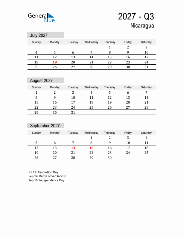 Nicaragua Quarter 3 2027 Calendar with Holidays