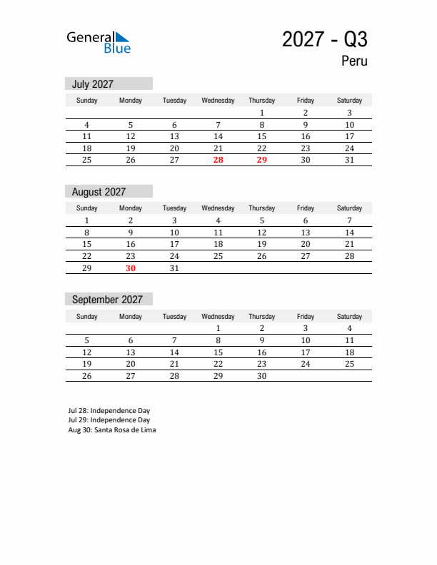 Peru Quarter 3 2027 Calendar with Holidays