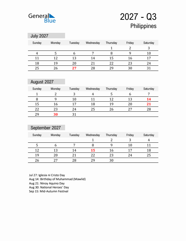 Philippines Quarter 3 2027 Calendar with Holidays