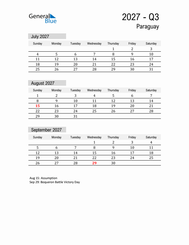 Paraguay Quarter 3 2027 Calendar with Holidays