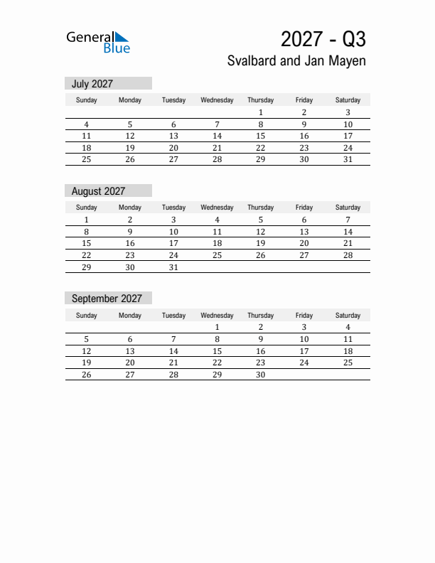 Svalbard and Jan Mayen Quarter 3 2027 Calendar with Holidays