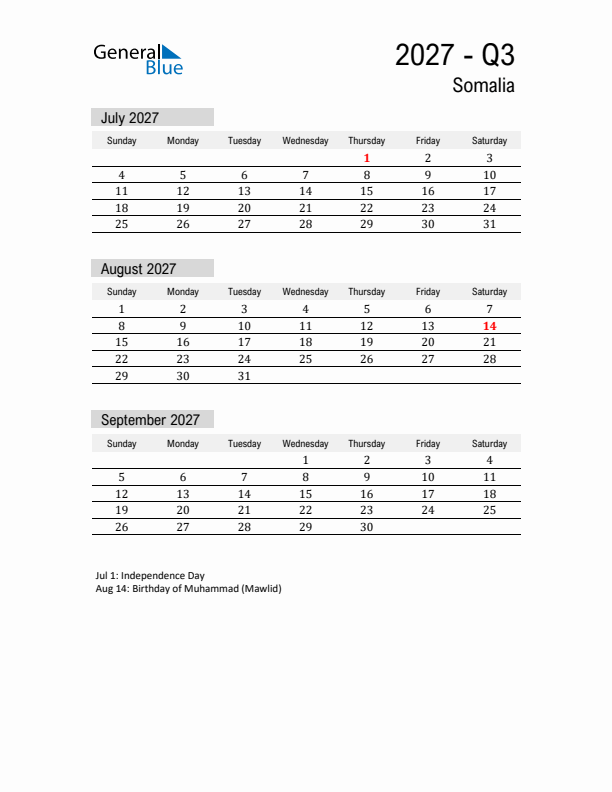 Somalia Quarter 3 2027 Calendar with Holidays