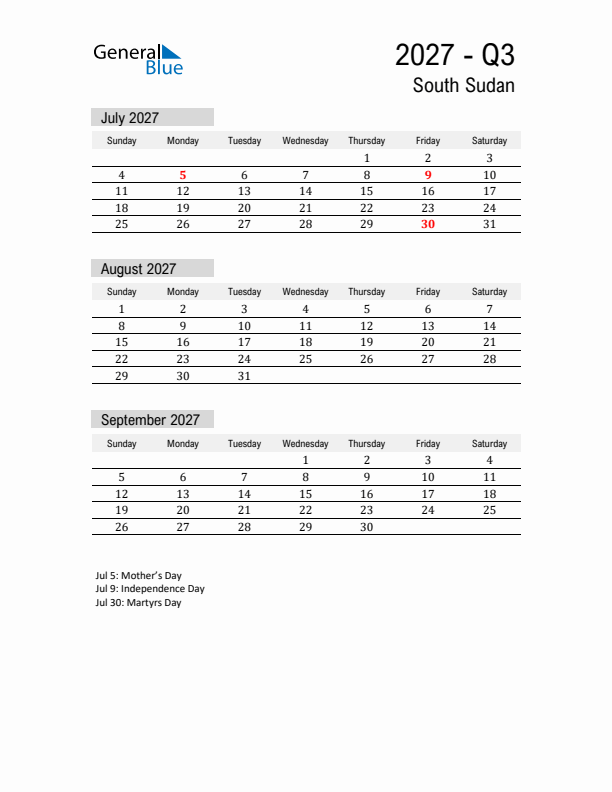 South Sudan Quarter 3 2027 Calendar with Holidays