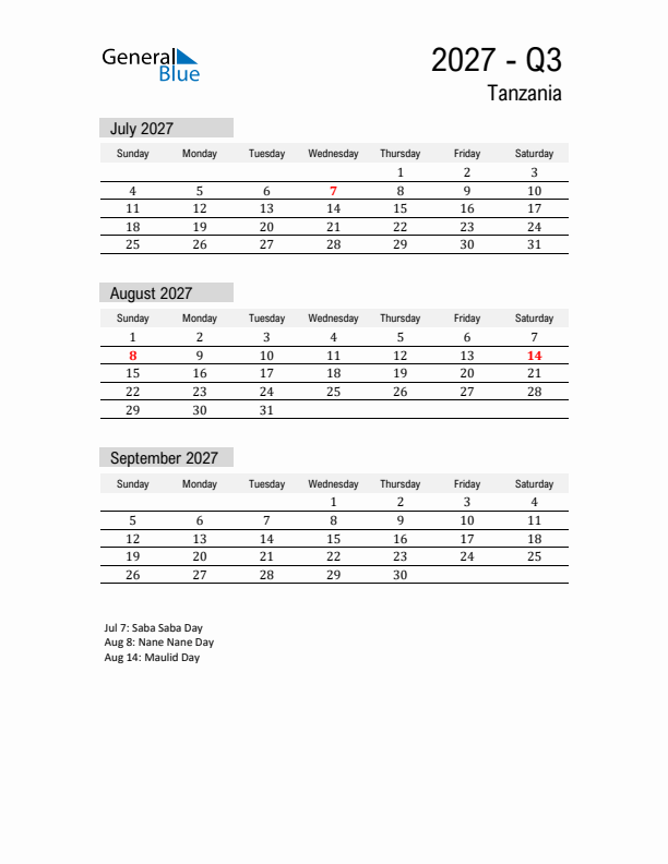 Tanzania Quarter 3 2027 Calendar with Holidays