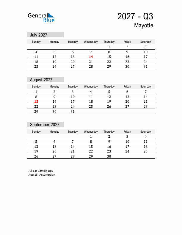 Mayotte Quarter 3 2027 Calendar with Holidays